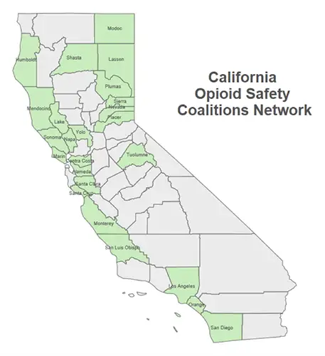 Map of California counties with Opioid Safety Coalitions