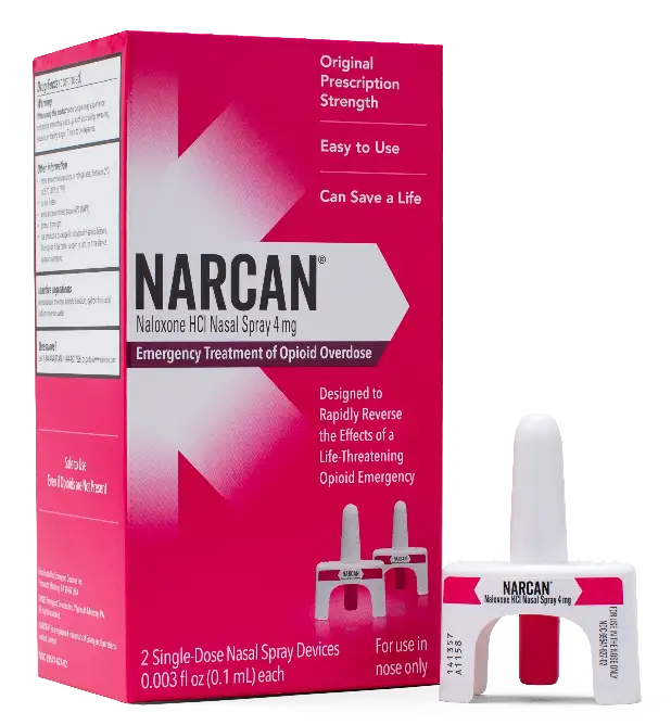 Red Narcan package with nasal spray applicator