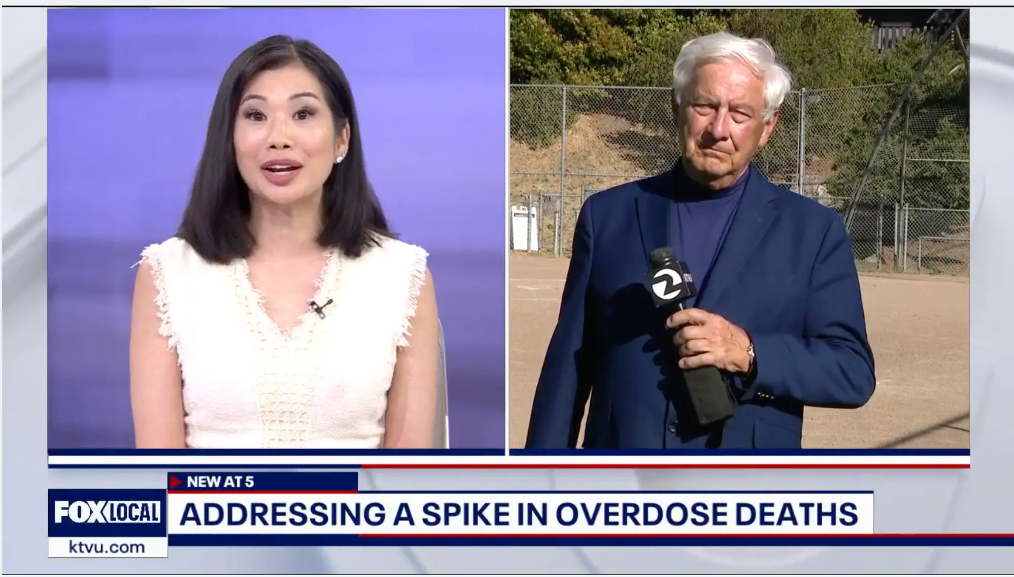 screenshot of a KTVU news segment with anchorwoman on left, male reporter on right