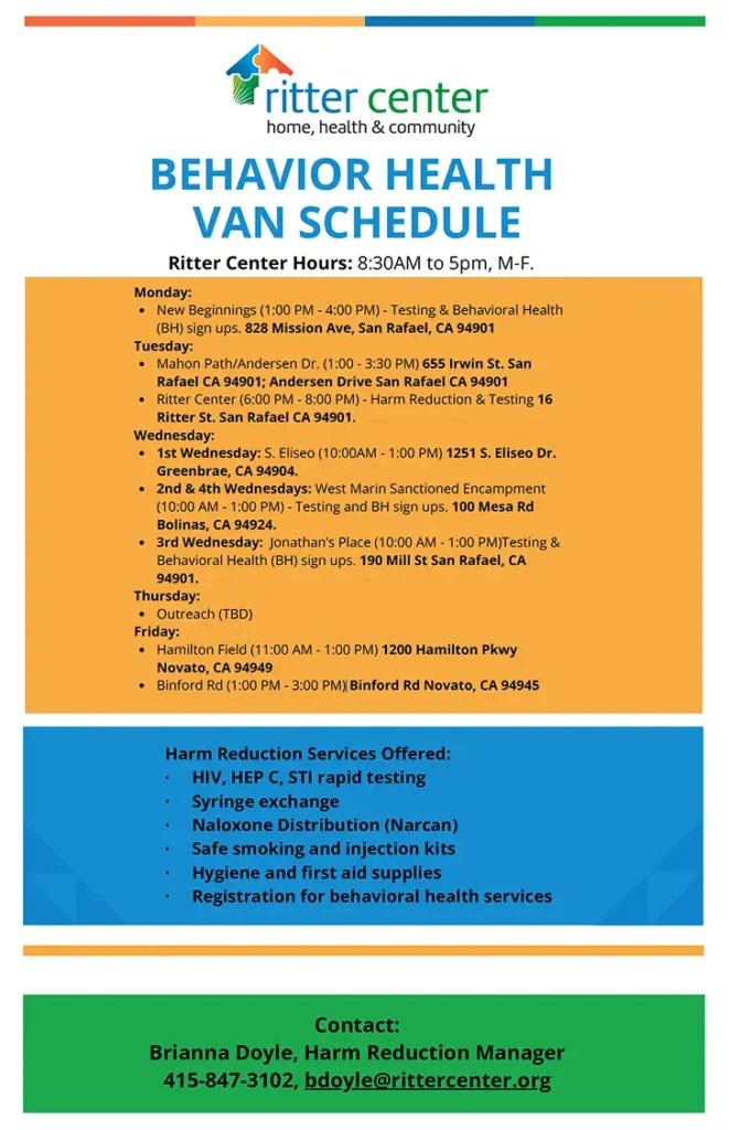 Ritter Center Harm Reduction services schedule and locations throughout Marin / May 2025