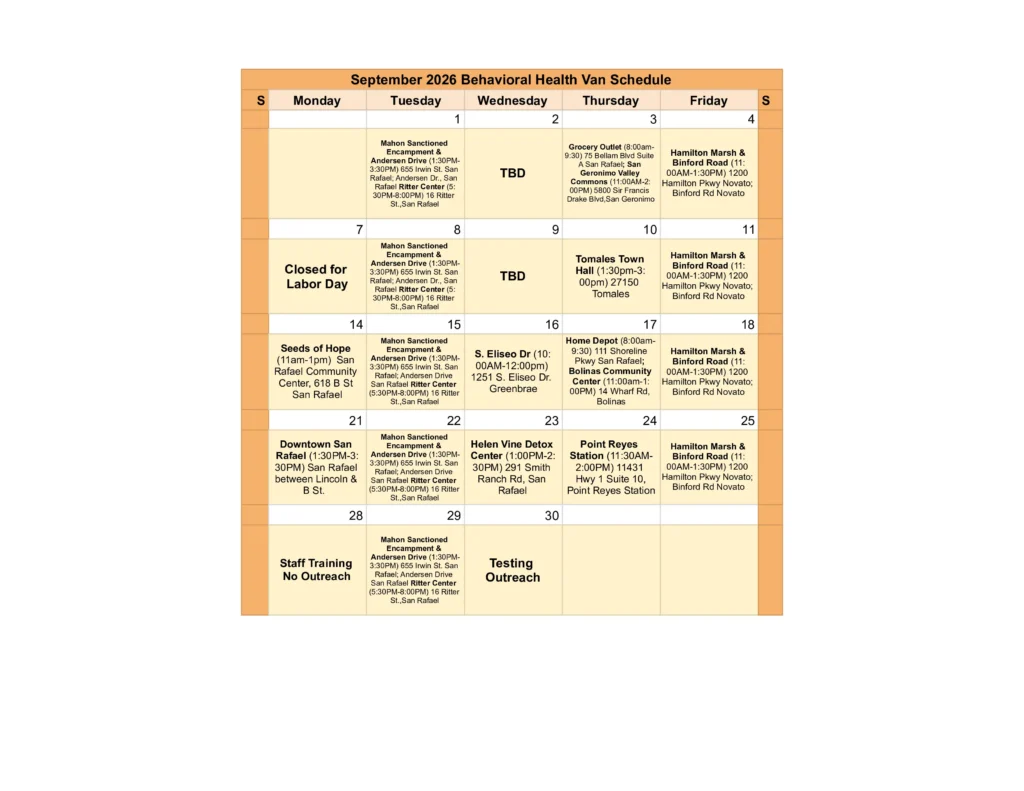 Ritter Center Behavioral Health Van Schedule September 2026