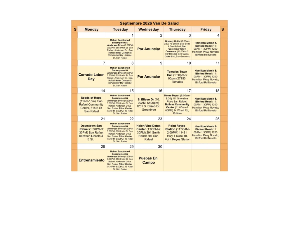 Ritter Center Behavioral Health Van Schedule September 2026 Spanish