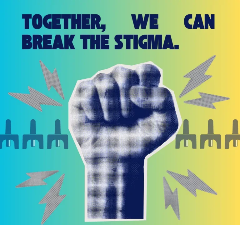 Together, we can break the stigma / illustration of a fist with naloxone pattern in the background